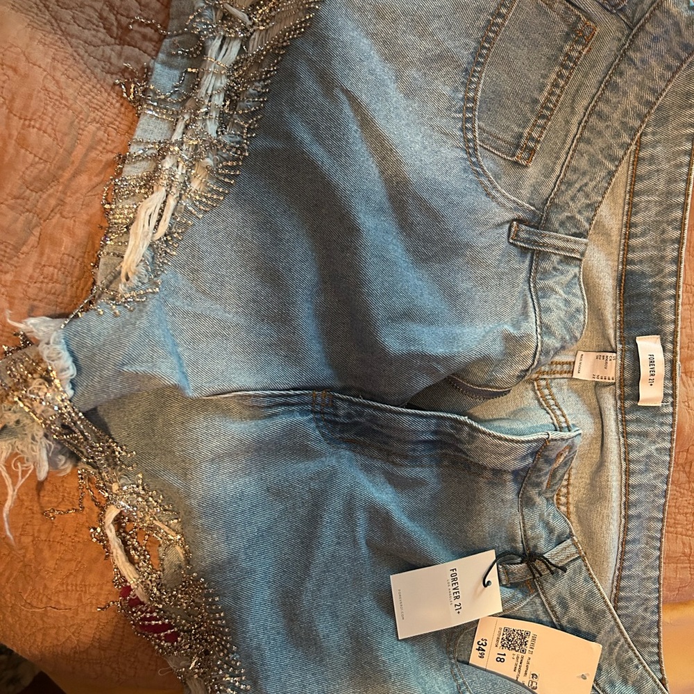 Denim Shorts with Beaded Fringe